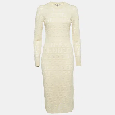 Pre-owned Fendi Guava Cream Ff Zucca Jacquard Knit Long Sleeve Short Dress S