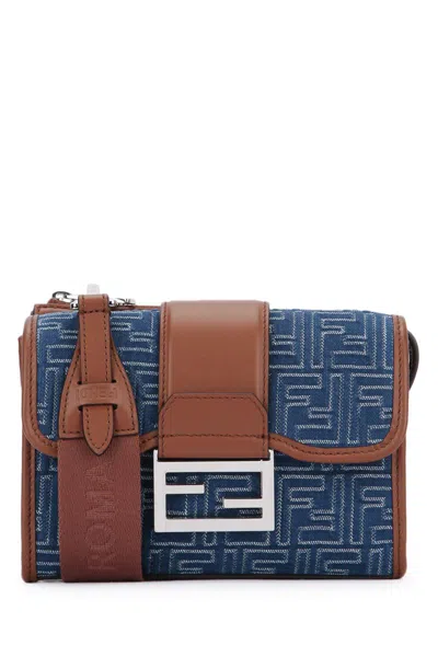 Fendi Denim-effect Ff Jacquard And Leather Double Baguette Bag In Blue