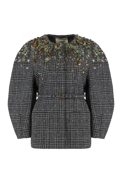 Fendi Hand-embroidered Crystal Tweed Jacket In Gray
