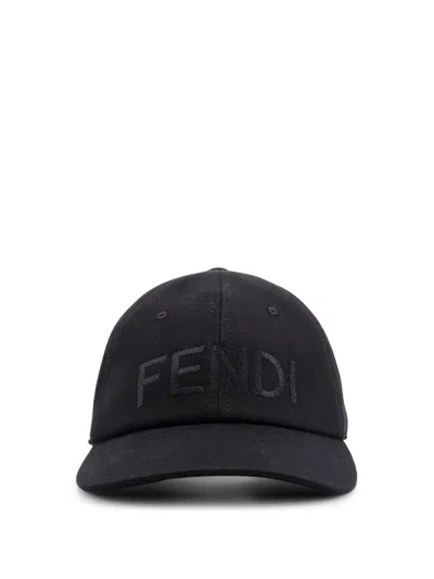 Fendi Men Wool Blend Baseball Hat With Logo Embroidery In Black