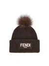 Fendi Brown Pompon Embroidered Logo Beanie Hat In Brown