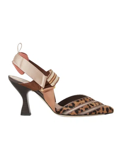 Fendi High-heeled Mesh And Multicolor Cavallino Calfskin Slingbacks In Brown
