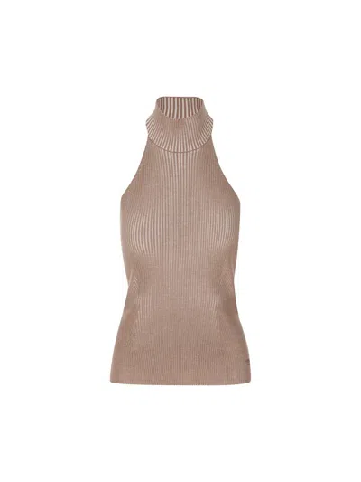 Fendi Rib-knit Wool Halterneck Top In Brown