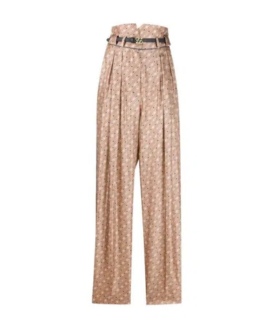 Fendi High-waisted Karligraphy Motif Printed Trousers In Nude