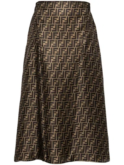 Fendi High Waisted Skirt In Twill Print Ff Clothing In Brown