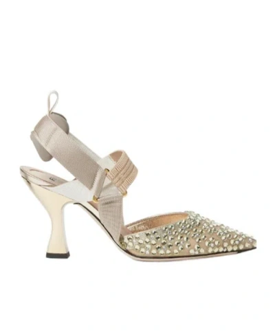 Fendi High-heeled Slingbacks In Nude Mesh And Light Green Crystals. In Neutral