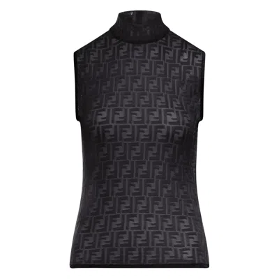 Fendi Women Black Crewneck Sleeveless Top With All-over Ff Motif And Rear Zip Closure In Tech Fabric