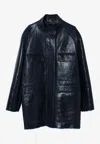 Fendi High-neck Leather Jacket In Blue