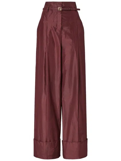 Fendi High-waisted Belted Wide-leg Silk Trousers In Burgundy