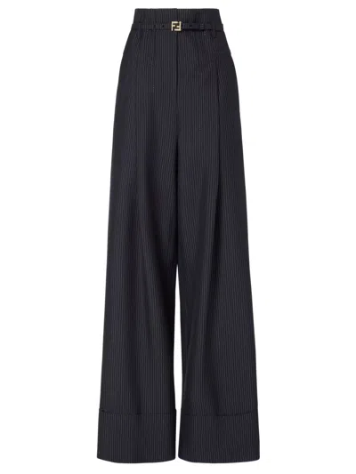 Fendi High-waisted Wool Pinstripe Trousers With Peplum Detail, Belt And Front Pleats In Blu