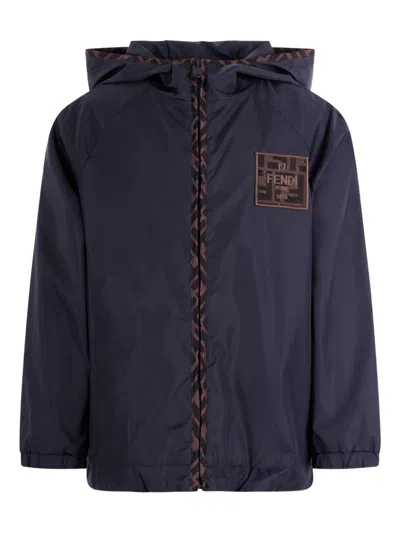 Fendi Kids' Hooded Down Jacket With Logo In Blue