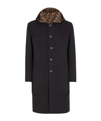 Fendi Hooded Midi Coat In Black