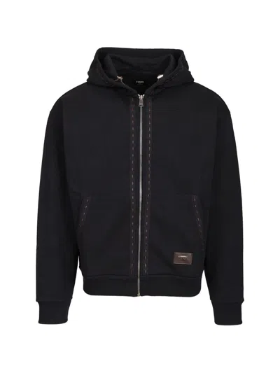 Fendi Hooded Sweatshirt With Zip In Blue Cotton In Black