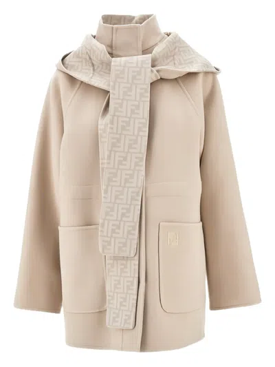 Fendi Hooded Wool Coat In Neutral