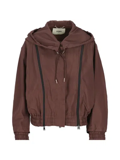 Fendi Hooded Zip-up Bomber Jacket In Brown