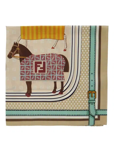 Fendi Kids' "horse All Over 60x60" Foulard In Brown