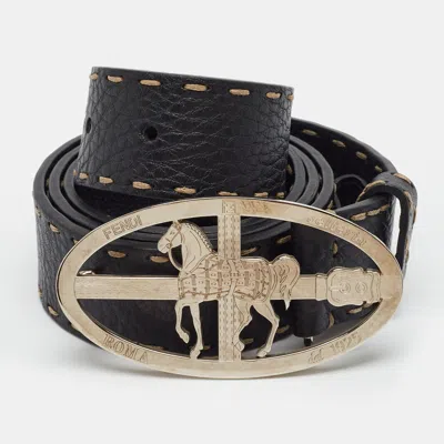 Pre-owned Fendi Horse Buckle 95cm Belt Black Selleria Leather