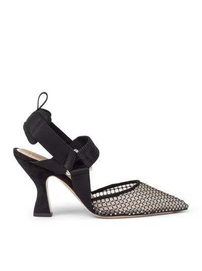 Fendi Hummingbird High-heeled Slingback In Mesh And Black Suede
