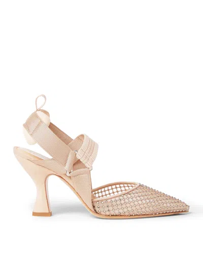 Fendi Hummingbird High-heeled Slingback In Pink Mesh And Suede In Neutral