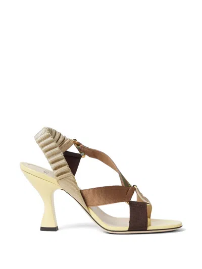 Fendi Iconic Colibri Yellow Leather And Multicolour Fabric Sandals
