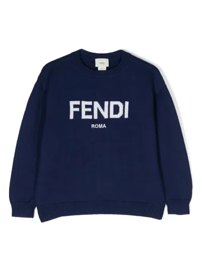 Fendi Kids' Intarsia-knit Logo Jumper In Blue