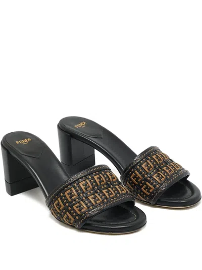 Pre-owned Fendi Interlaced Leather Heeled Sandals In Black