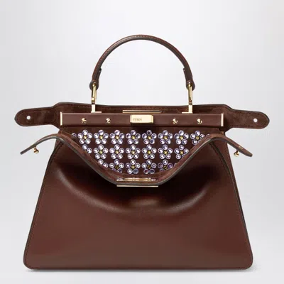Fendi Iseeu Small Peekaboo Bag In Mahogany Leather With Blooming Crystals Decoration In Pink