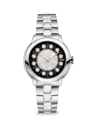 Fendi Ishine 38mm Stainless Steel, Topaz, Black Spinel & Mother Of Pearl Bracelet Watch In Metallic