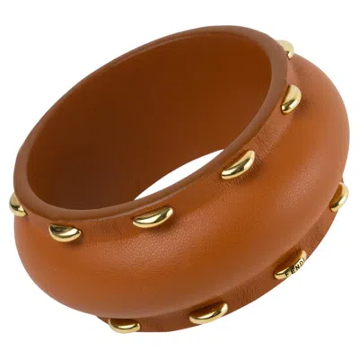 Pre-owned Fendi Italy Cognac Calf Leather Bangle Bracelet With Brass Studs In Multi