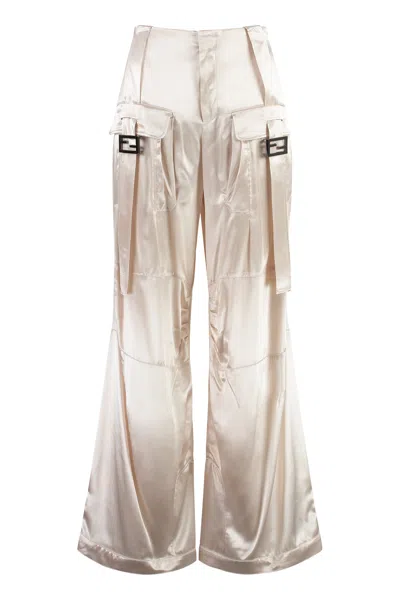 Fendi Buckled Satin Cargo Trousers In Ivory
