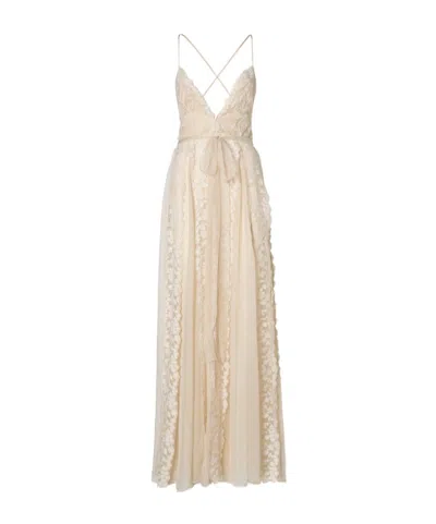 Fendi Ivory Chiffon And Peonia Lace Dress In Neutral
