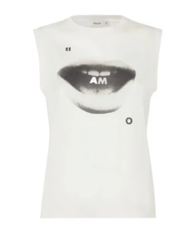 Fendi Ivory Jersey Top With Ti Amo Print In White