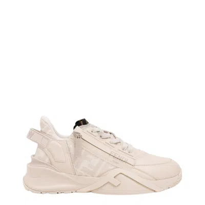 Fendi Ivory Leather And Jacquard  Flow Sneakers