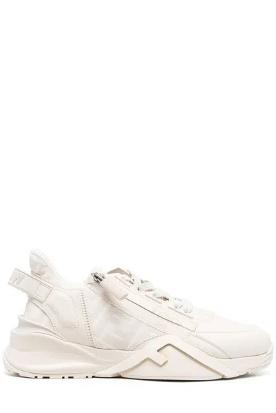 Fendi Ivory Leather And Jacquard  Flow Sneakers