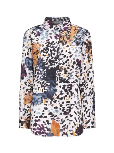 Fendi Ivory Printed Silk Taffeta Shirt In Animal Print