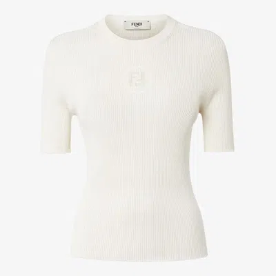 Fendi Ivory Ribbed T-shirt In Silk Blend Women In White
