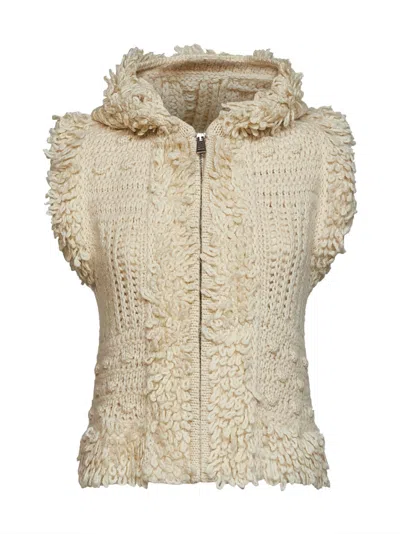 Fendi Ivory Shearling-effect Knit Zip-up Hooded Vest In White