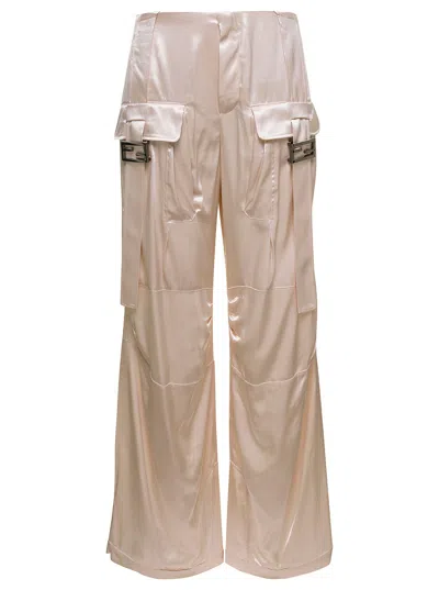 Fendi Ivory White Satin Cargo Pants With Ff Baguette Buckles In Viscose Woman In Multicolor