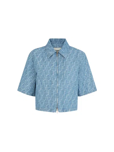 Fendi Cropped Jacket With Shirt Collar And Short Sleeves In Blue