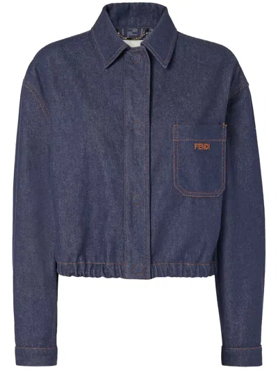 Fendi Denim Jacket With Front Embroidered Logo In Blue