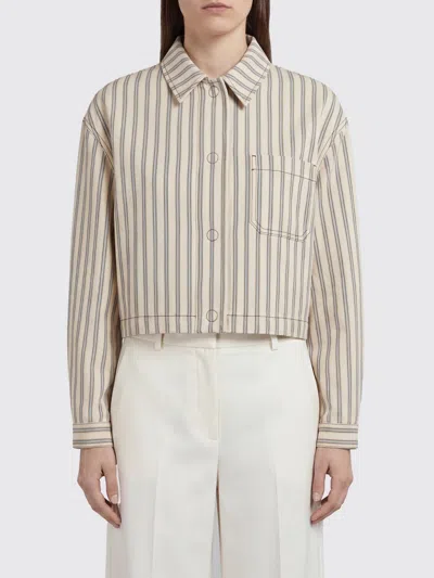 Fendi Beige Ff Denim Jacket With Light Blue Stripes In Gray