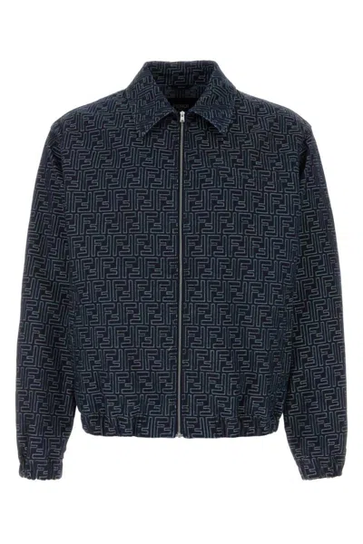 Fendi Embroidered Denim Bomber Jacket In Blue