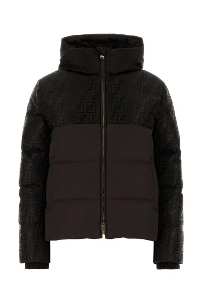 Fendi Dark Brown Cotton Blend Down Jacket In Black