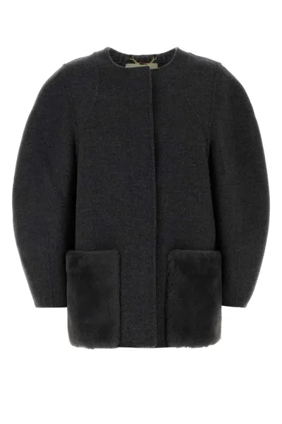 Fendi Wool Blend Jacket Round Shoulders In Black