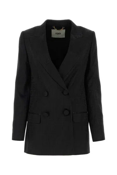 Fendi Fitted Double-breasted Wool Blazer With Peak Lapels In Black