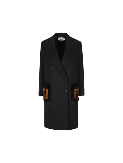 Fendi Straight-fit Midi Coat With Side Slits At The Bottom In Black