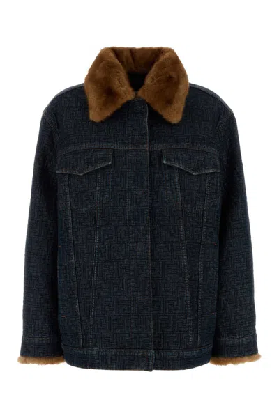 Fendi Padded Denim Jacket Long Sleeves Faux Fur In Blue