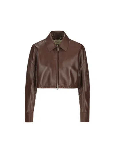 Fendi Zip Up Leather Jacket In Hazel