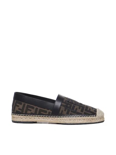 Fendi Logo-embroidered Leather-trimmed Canvas-jacquard Espadrilles In Tobacco