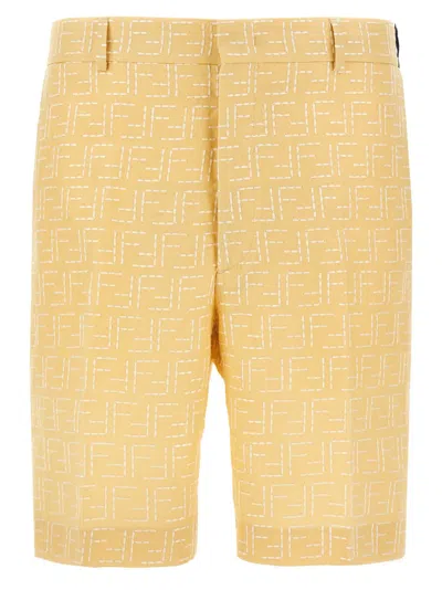 Fendi Ff Jacquard Light Yellow Linen Bermuda Shorts In Neutral